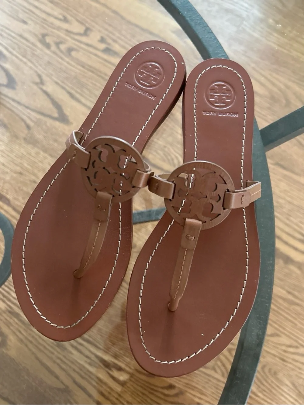Tory Burch Brown Leather Logo Thong Sandals